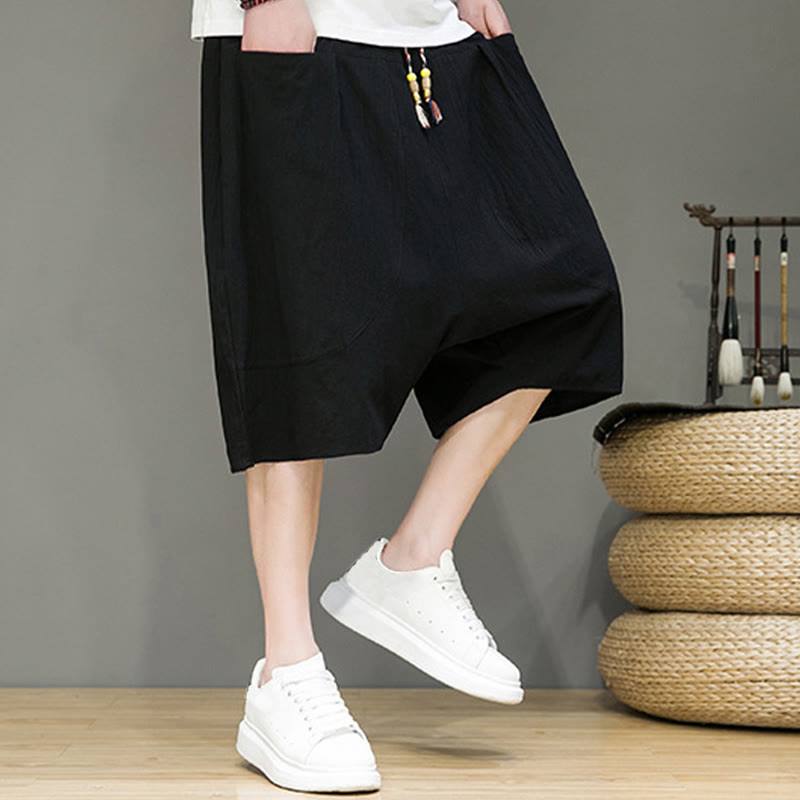 Buddha Stones Casual Drawstring Cotton Linen Men's Capri Harem Pants With Pockets