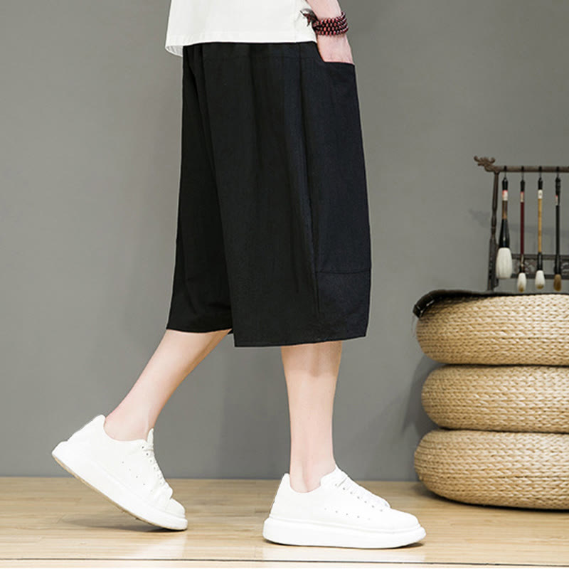 Buddha Stones Casual Drawstring Cotton Linen Men's Capri Harem Pants With Pockets