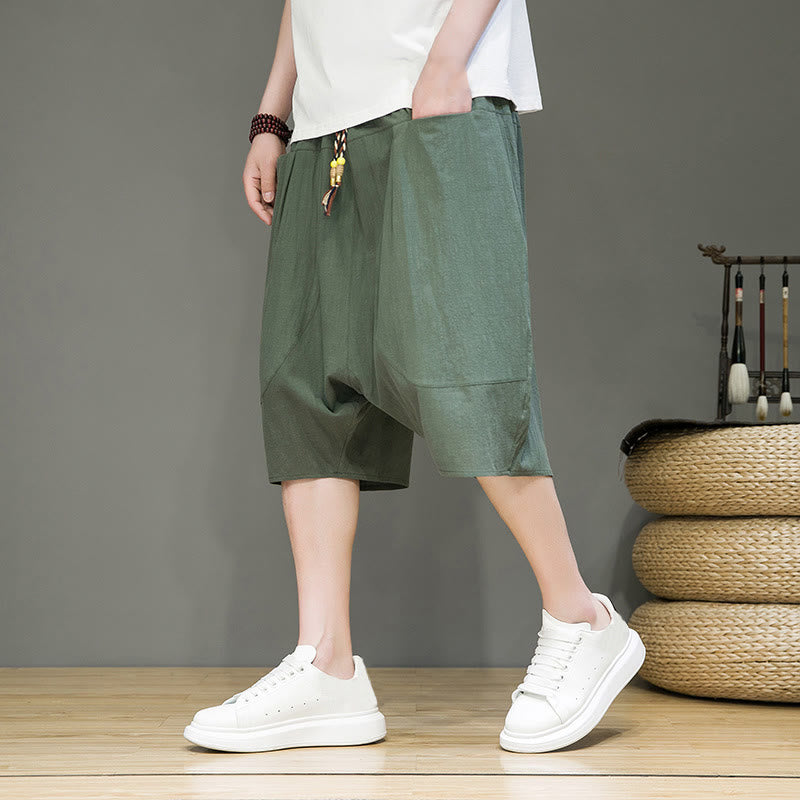 Buddha Stones Casual Drawstring Cotton Linen Men's Capri Harem Pants With Pockets