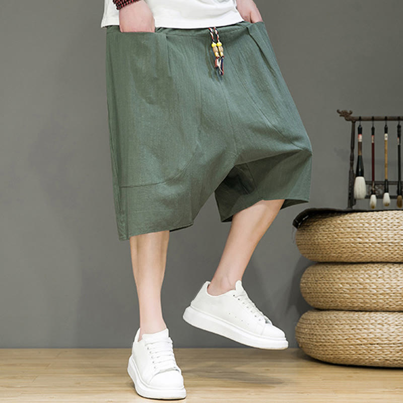 Buddha Stones Casual Drawstring Cotton Linen Men's Capri Harem Pants With Pockets