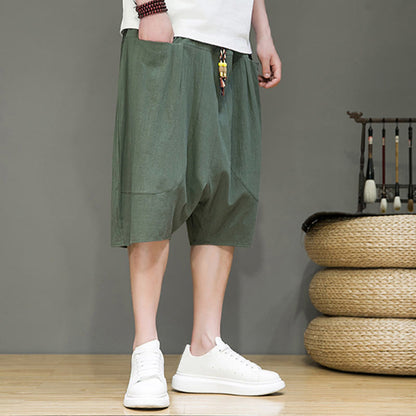 Buddha Stones Casual Drawstring Cotton Linen Men's Capri Harem Pants With Pockets