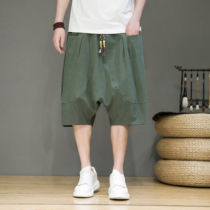 Buddha Stones Casual Drawstring Cotton Linen Men's Capri Harem Pants With Pockets