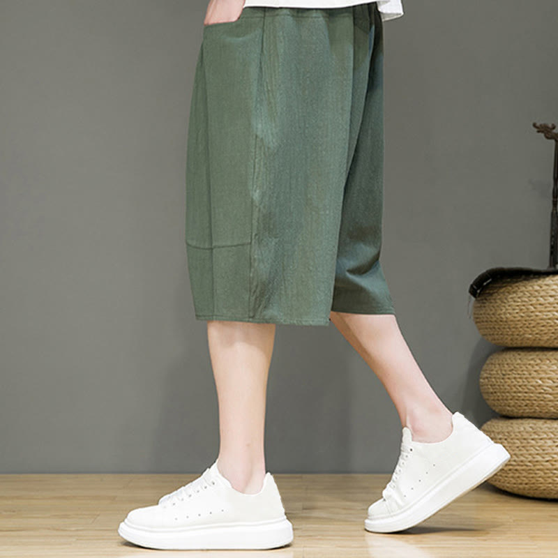 Buddha Stones Casual Drawstring Cotton Linen Men's Capri Harem Pants With Pockets