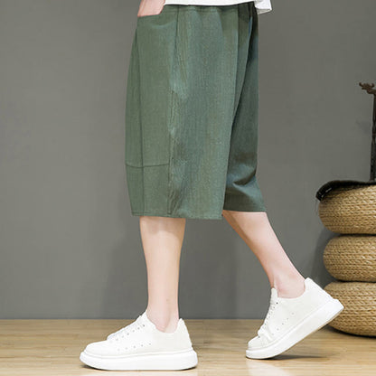 Buddha Stones Casual Drawstring Cotton Linen Men's Capri Harem Pants With Pockets
