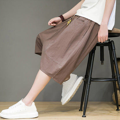 Buddha Stones Casual Drawstring Cotton Linen Men's Capri Harem Pants With Pockets