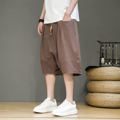 Buddha Stones Casual Drawstring Cotton Linen Men's Capri Harem Pants With Pockets