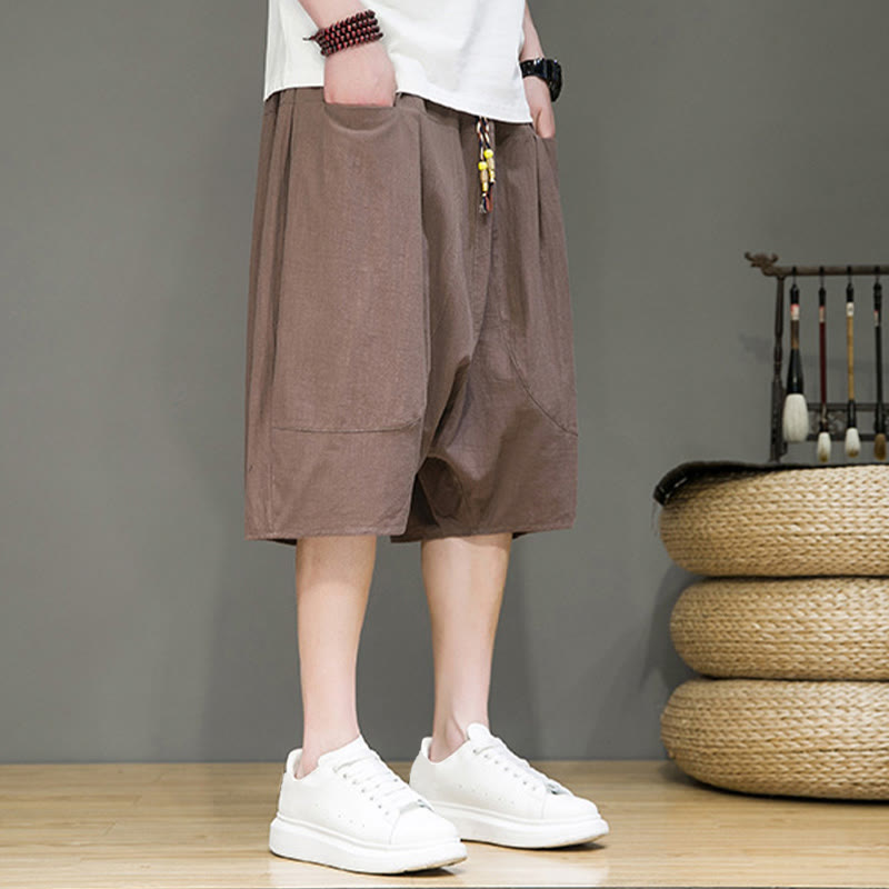 Buddha Stones Casual Drawstring Cotton Linen Men's Capri Harem Pants With Pockets