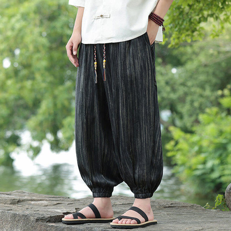 Buddha Stones Summer Black Stripes Drawstring Men's Harem Pants With Pockets