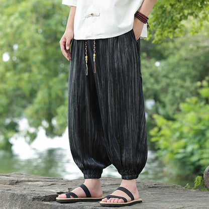 Buddha Stones Summer Black Stripes Drawstring Men's Harem Pants With Pockets