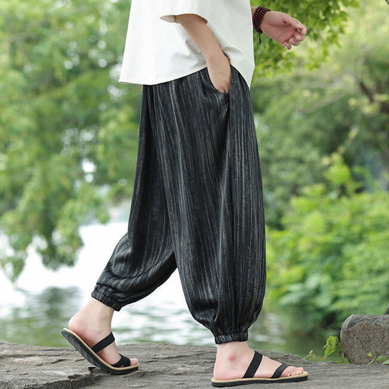 Buddha Stones Summer Black Stripes Drawstring Men's Harem Pants With Pockets