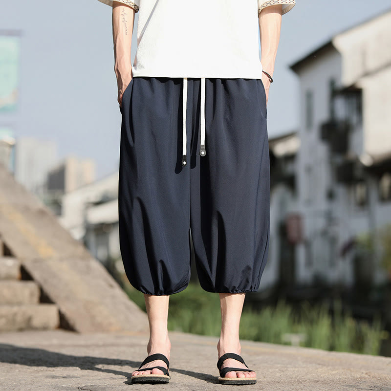 Buddha Stones Solid Drawstring Men's Capri Cropped Harem Pants With Pockets