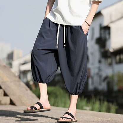 Buddha Stones Solid Drawstring Men's Capri Cropped Harem Pants With Pockets