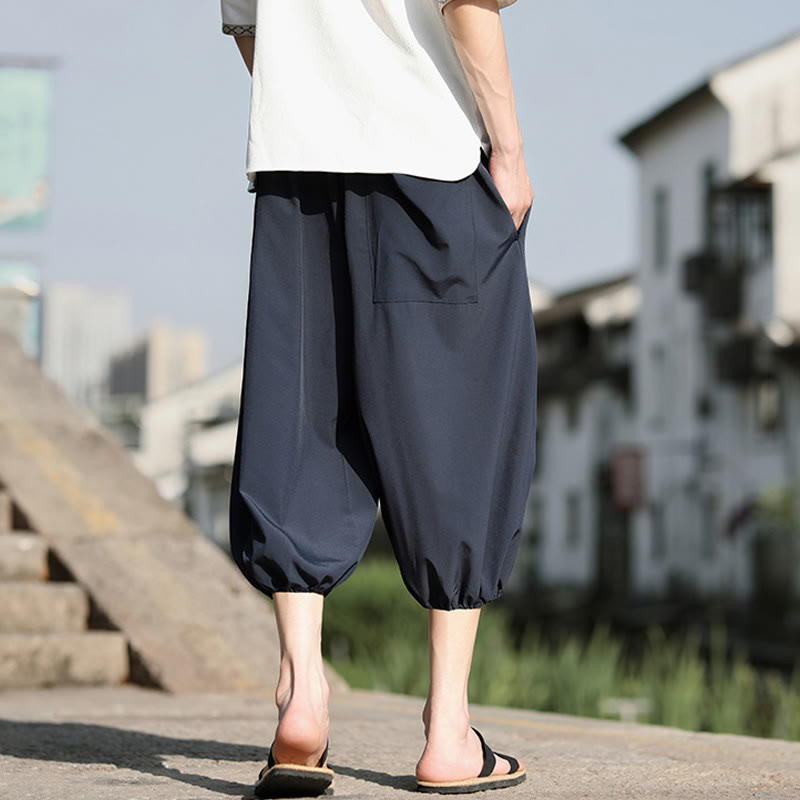 Buddha Stones Solid Drawstring Men's Capri Cropped Harem Pants With Pockets