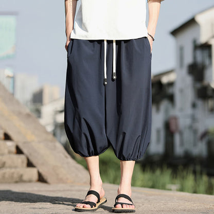 Buddha Stones Solid Drawstring Men's Capri Cropped Harem Pants With Pockets