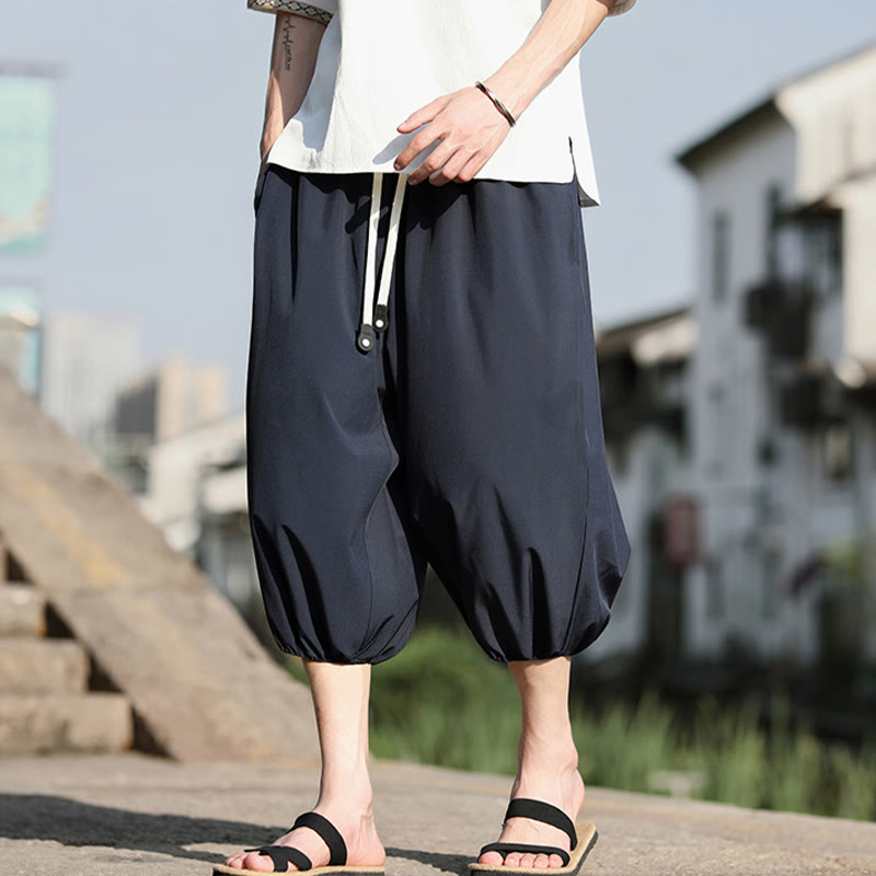 Buddha Stones Solid Drawstring Men's Capri Cropped Harem Pants With Pockets