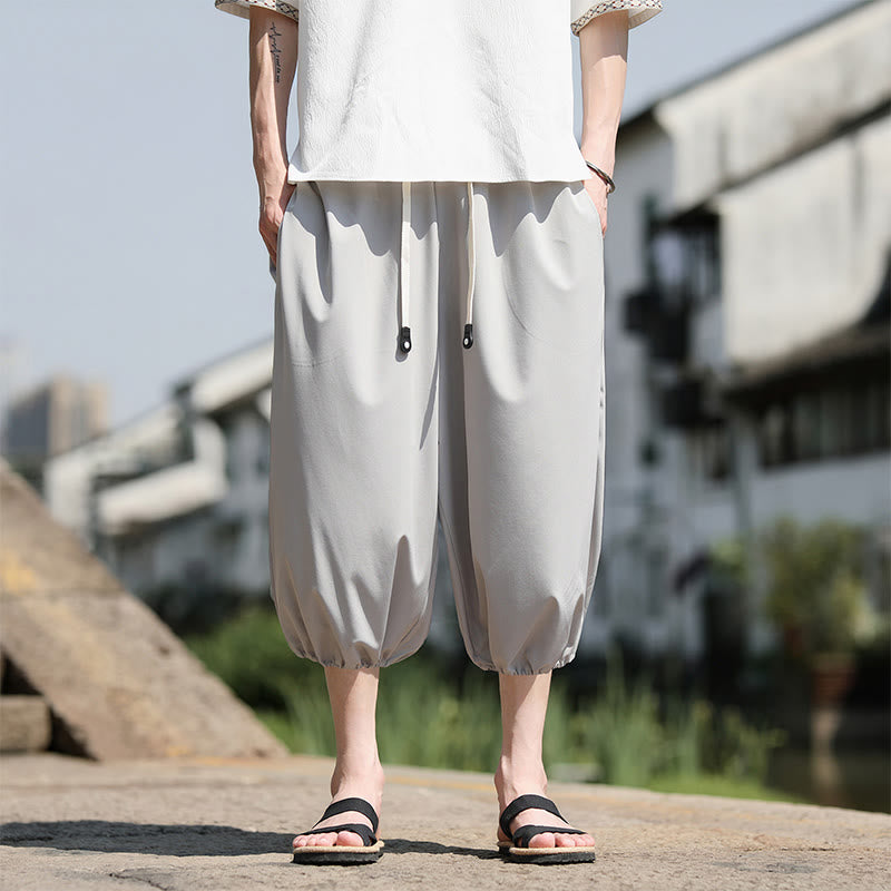 Buddha Stones Solid Drawstring Men's Capri Cropped Harem Pants With Pockets