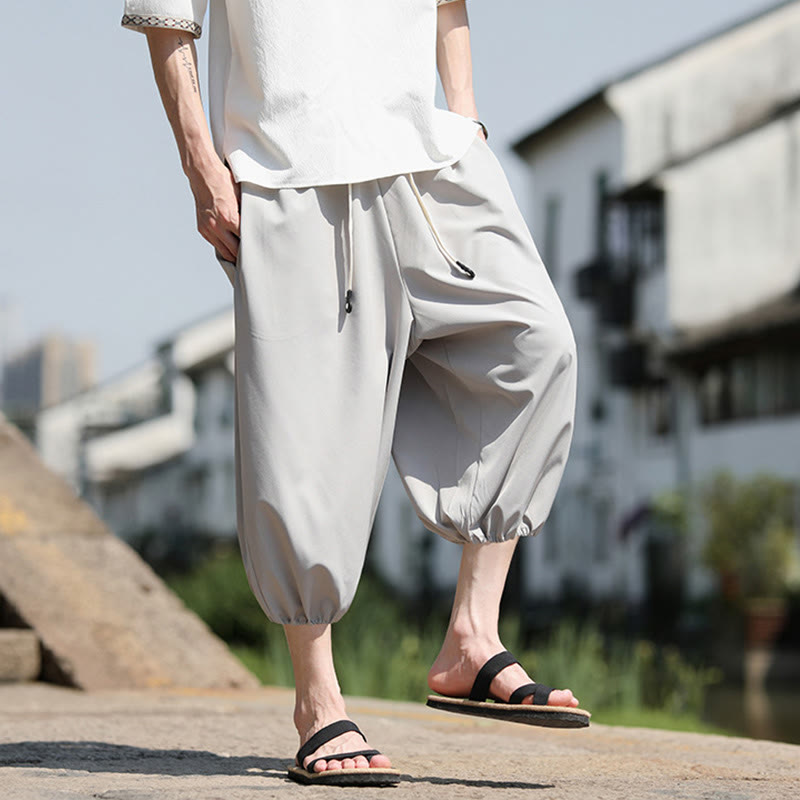 Buddha Stones Solid Drawstring Men's Capri Cropped Harem Pants With Pockets