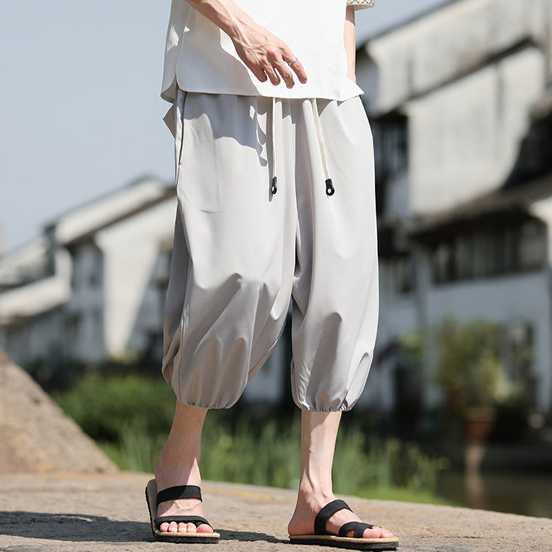 Buddha Stones Solid Drawstring Men's Capri Cropped Harem Pants With Pockets