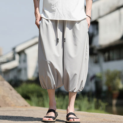 Buddha Stones Solid Drawstring Men's Capri Cropped Harem Pants With Pockets