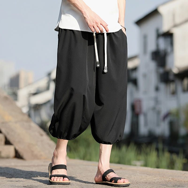 Buddha Stones Solid Drawstring Men's Capri Cropped Harem Pants With Pockets