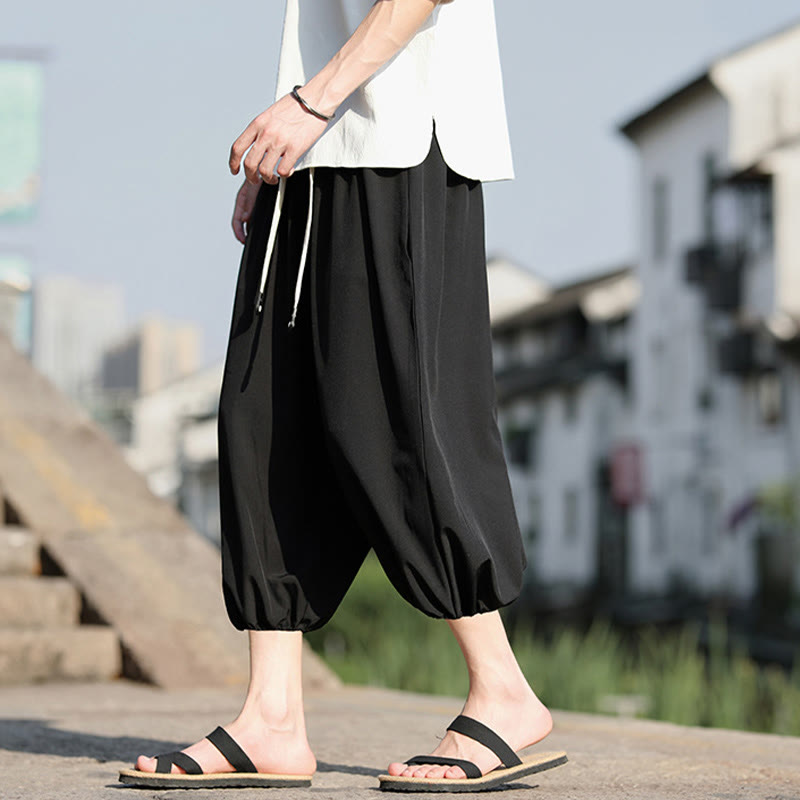 Buddha Stones Solid Drawstring Men's Capri Cropped Harem Pants With Pockets