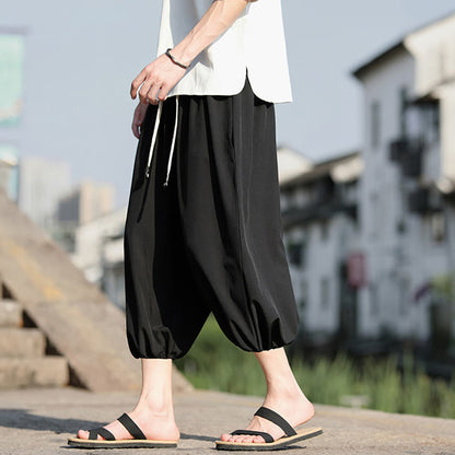 Buddha Stones Solid Drawstring Men's Capri Cropped Harem Pants With Pockets