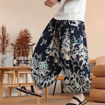 Buddha Stones Dragon Print Cotton Men's Harem Ankle-Length Pants With Pockets