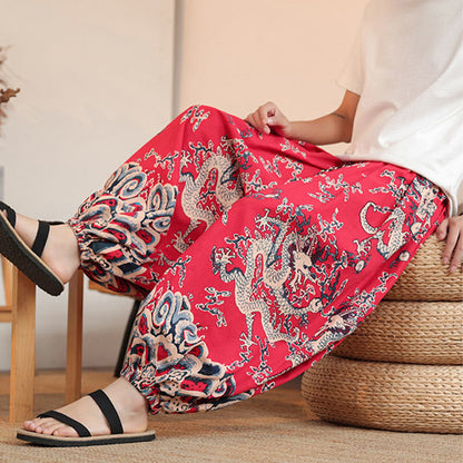 Buddha Stones Dragon Print Cotton Men's Harem Ankle-Length Pants With Pockets