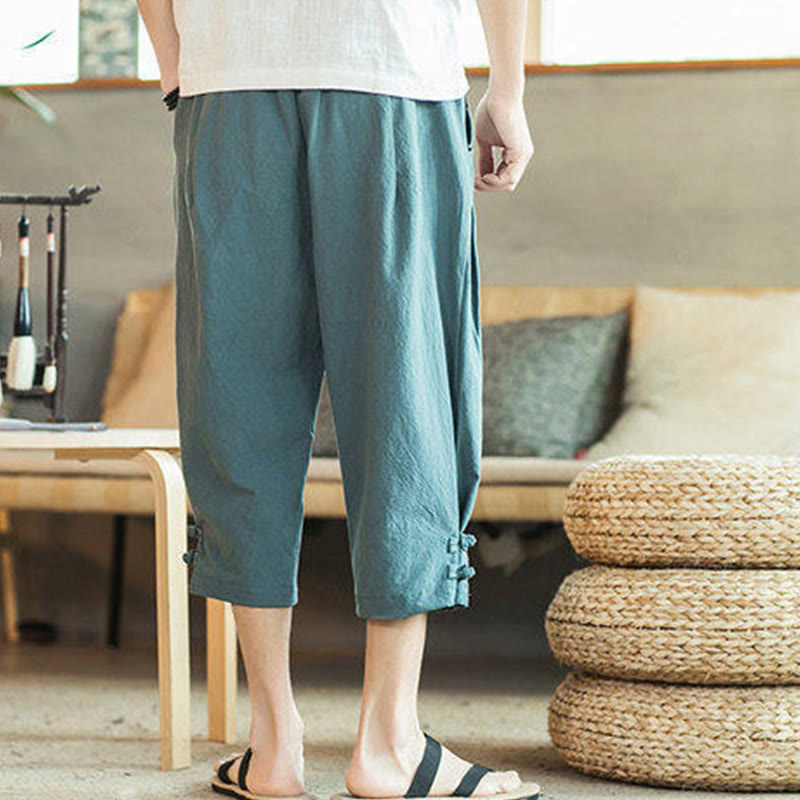 Buddha Stones Crane Embroidery Cotton Men's Cropped Harem Pants With Pockets
