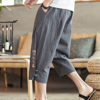 Buddha Stones Crane Embroidery Cotton Men's Cropped Harem Pants With Pockets