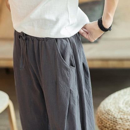 Buddha Stones Crane Embroidery Cotton Men's Cropped Harem Pants With Pockets