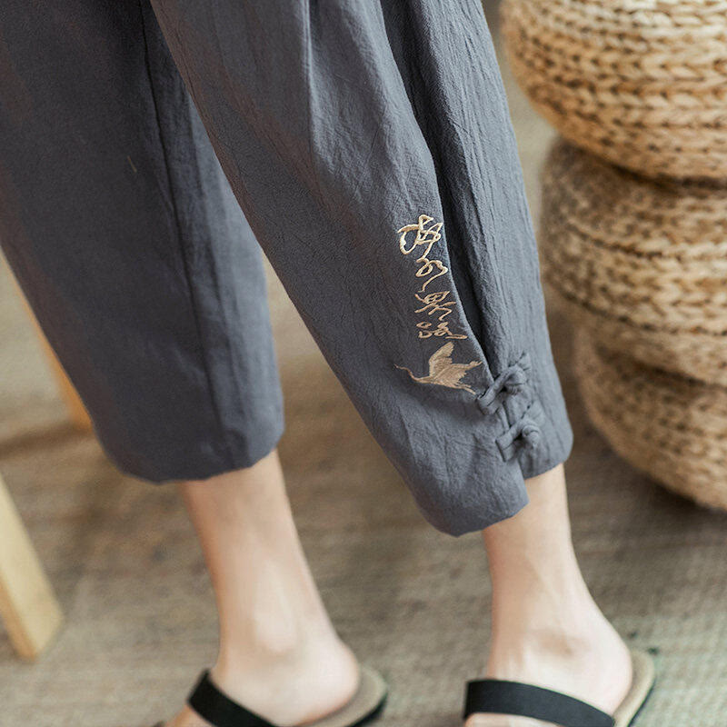 Buddha Stones Crane Embroidery Cotton Men's Cropped Harem Pants With Pockets