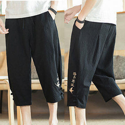 Buddha Stones Crane Embroidery Cotton Men's Cropped Harem Pants With Pockets