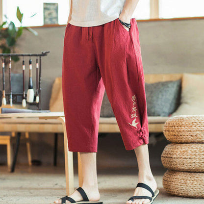 Buddha Stones Crane Embroidery Cotton Men's Cropped Harem Pants With Pockets