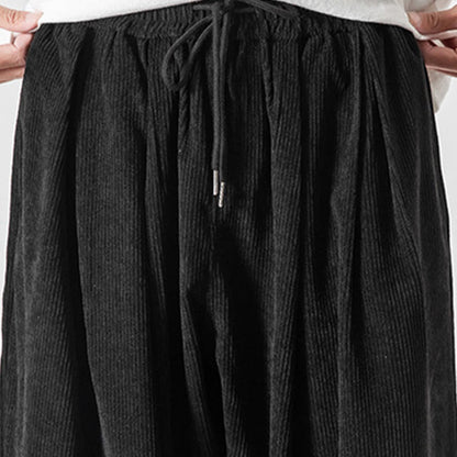 Buddha Stones Casual Pure Color Men's Drawstring Corduroy Harem Ankle-Length Pants With Pockets