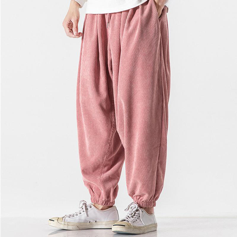 Buddha Stones Casual Pure Color Men's Drawstring Corduroy Harem Ankle-Length Pants With Pockets