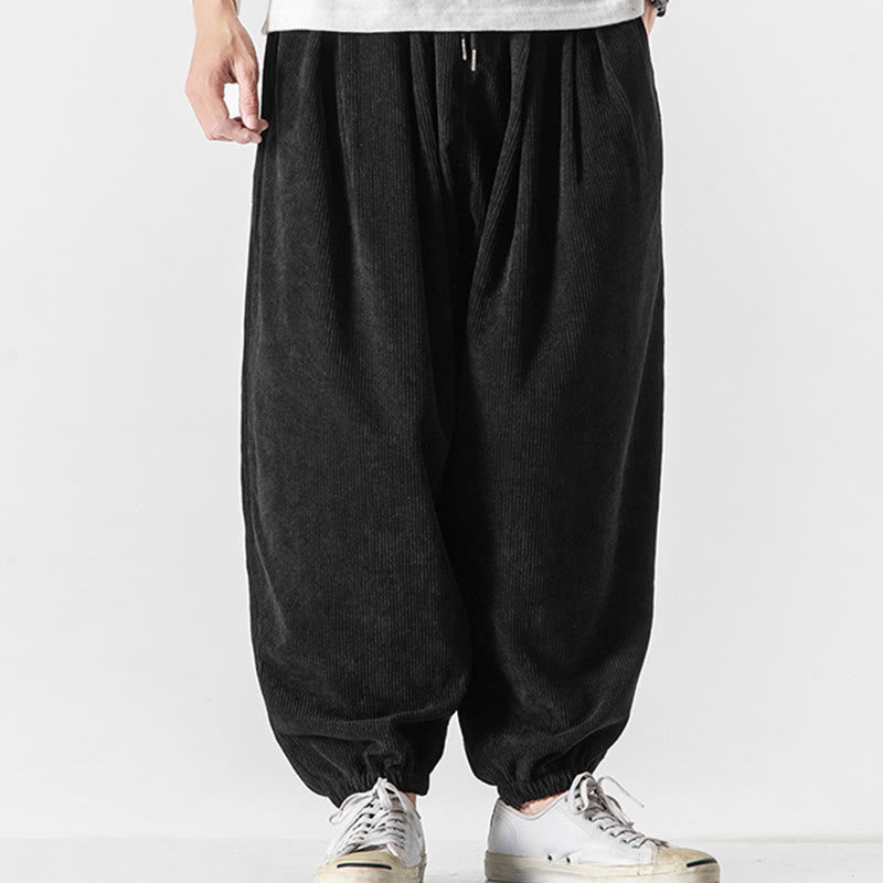 Buddha Stones Casual Pure Color Men's Drawstring Corduroy Harem Ankle-Length Pants With Pockets