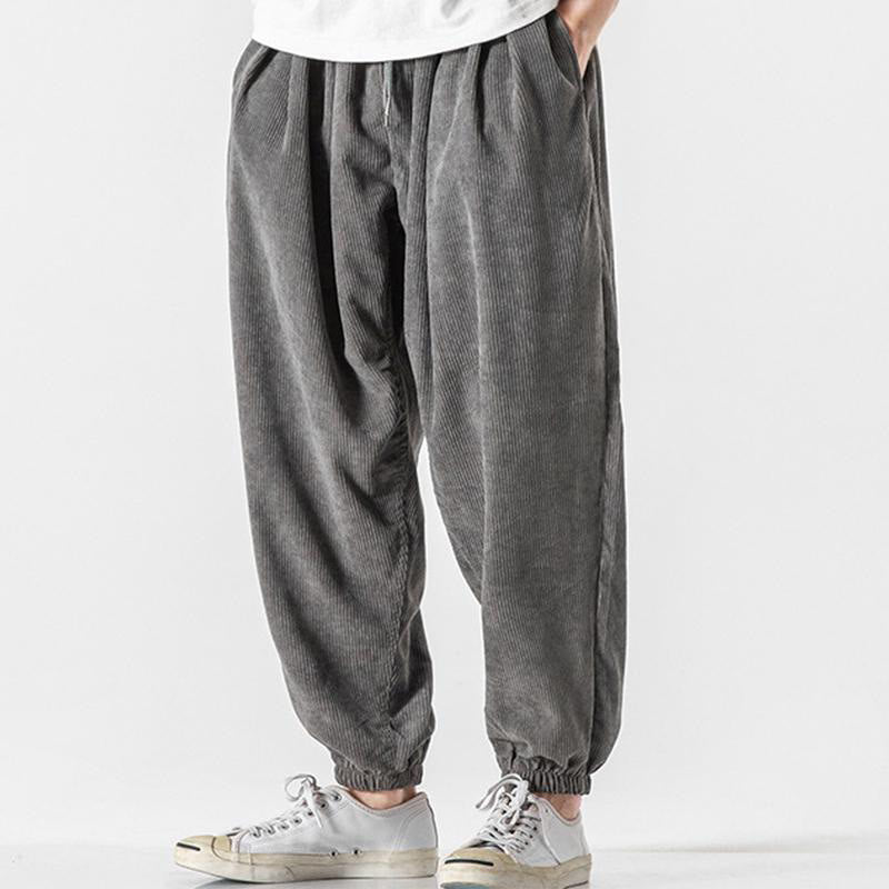 Buddha Stones Casual Pure Color Men's Drawstring Corduroy Harem Ankle-Length Pants With Pockets