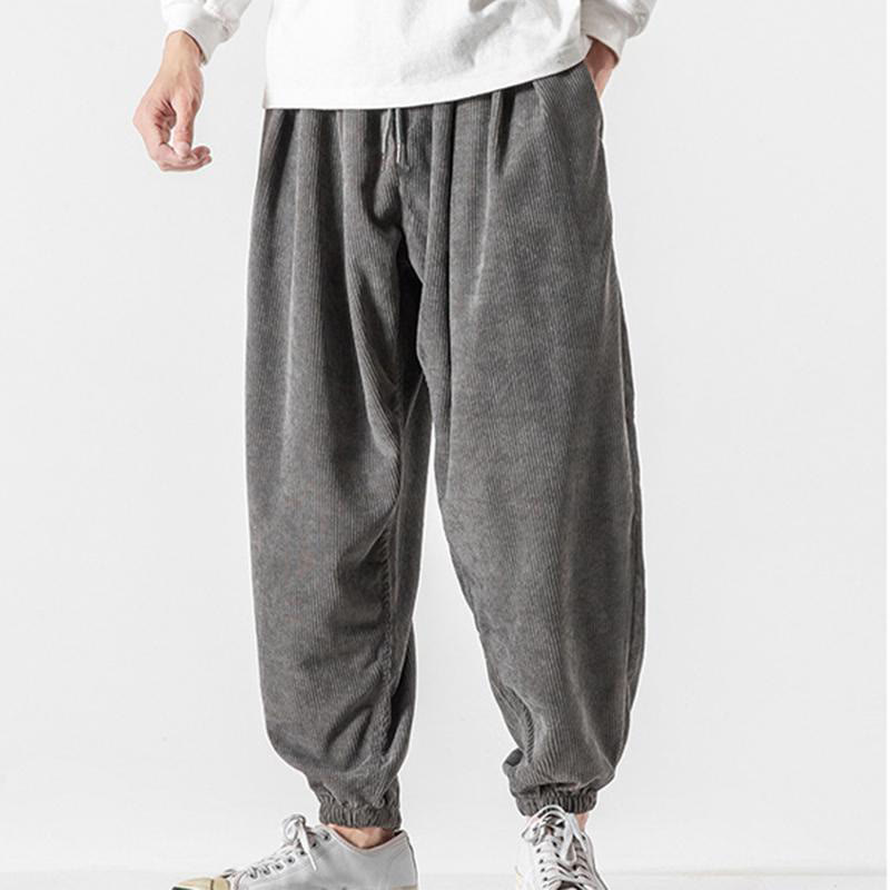 Buddha Stones Casual Pure Color Men's Drawstring Corduroy Harem Ankle-Length Pants With Pockets