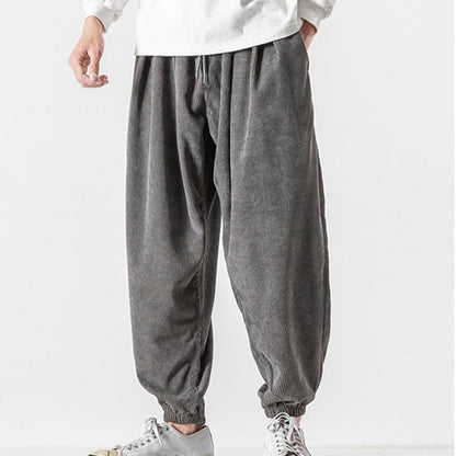 Buddha Stones Casual Pure Color Men's Drawstring Corduroy Harem Ankle-Length Pants With Pockets