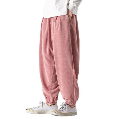 Buddha Stones Casual Pure Color Men's Drawstring Corduroy Harem Ankle-Length Pants With Pockets