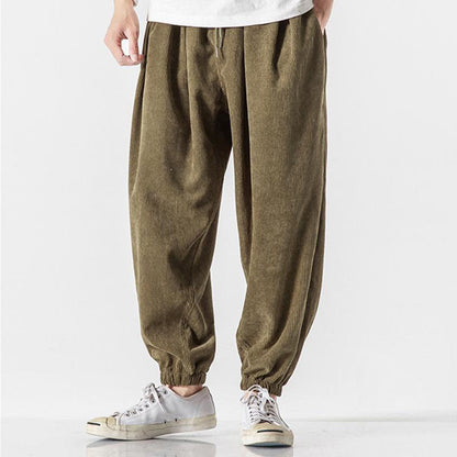 Buddha Stones Casual Pure Color Men's Drawstring Corduroy Harem Ankle-Length Pants With Pockets