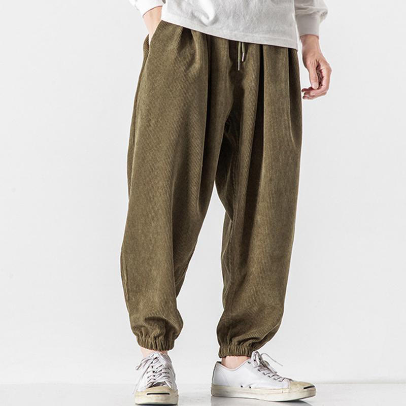 Buddha Stones Casual Pure Color Men's Drawstring Corduroy Harem Ankle-Length Pants With Pockets