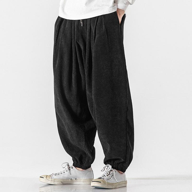 Buddha Stones Casual Pure Color Men's Drawstring Corduroy Harem Ankle-Length Pants With Pockets