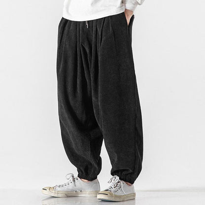 Buddha Stones Casual Pure Color Men's Drawstring Corduroy Harem Ankle-Length Pants With Pockets