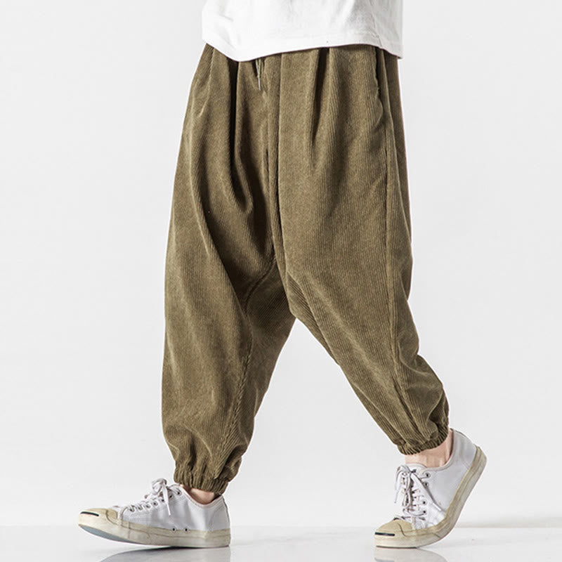 Buddha Stones Casual Pure Color Men's Drawstring Corduroy Harem Ankle-Length Pants With Pockets