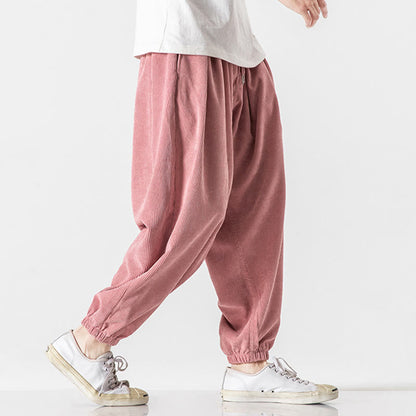 Buddha Stones Casual Pure Color Men's Drawstring Corduroy Harem Ankle-Length Pants With Pockets