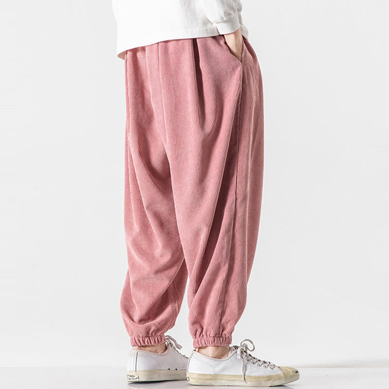 Buddha Stones Casual Pure Color Men's Drawstring Corduroy Harem Ankle-Length Pants With Pockets