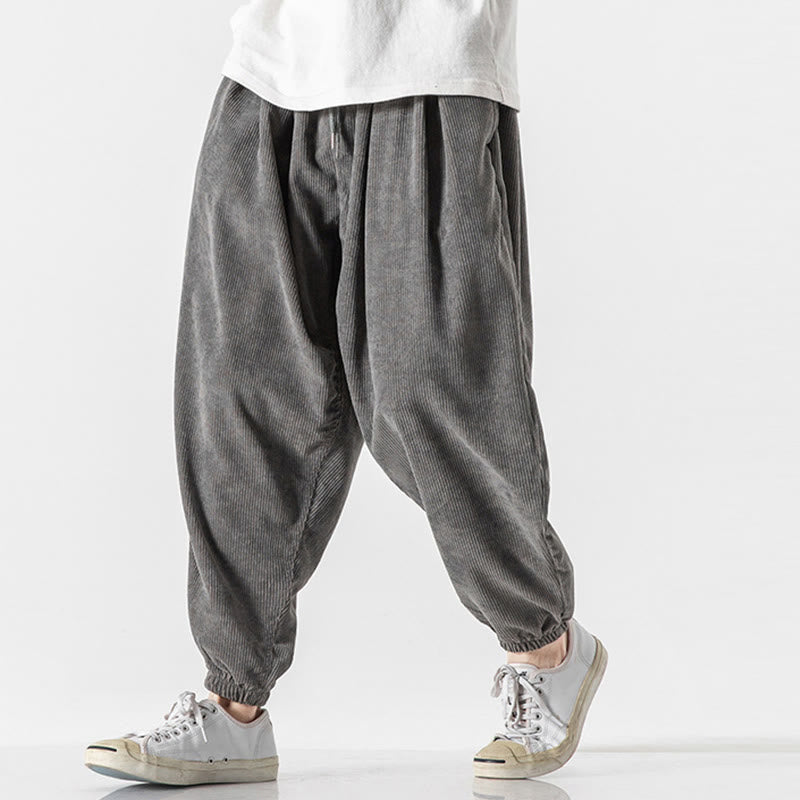 Buddha Stones Casual Pure Color Men's Drawstring Corduroy Harem Ankle-Length Pants With Pockets