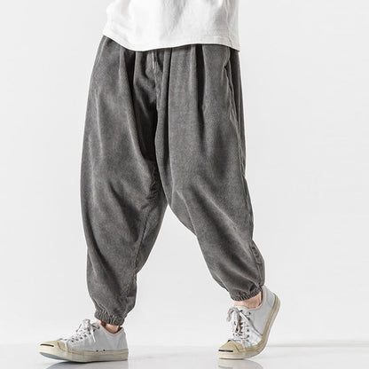 Buddha Stones Casual Pure Color Men's Drawstring Corduroy Harem Ankle-Length Pants With Pockets